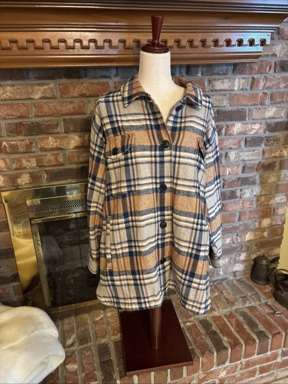 Lucky Brand Tan Plaid 100% Cotton Oversized Button Down Heavy Shirt Jacket XL